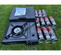 Плитка газовая портативная туристическая с пьезоподжигом + 10 газовых баллона 220 г в комплекте