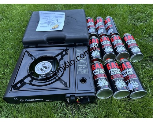 Плитка газовая портативная туристическая с пьезоподжигом + 10 газовых баллона 220 г в комплекте